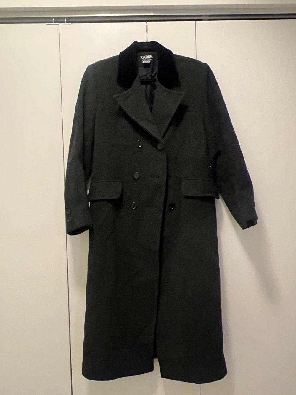 Karen Millen Black Double-Breasted Long Wool Pea Coat